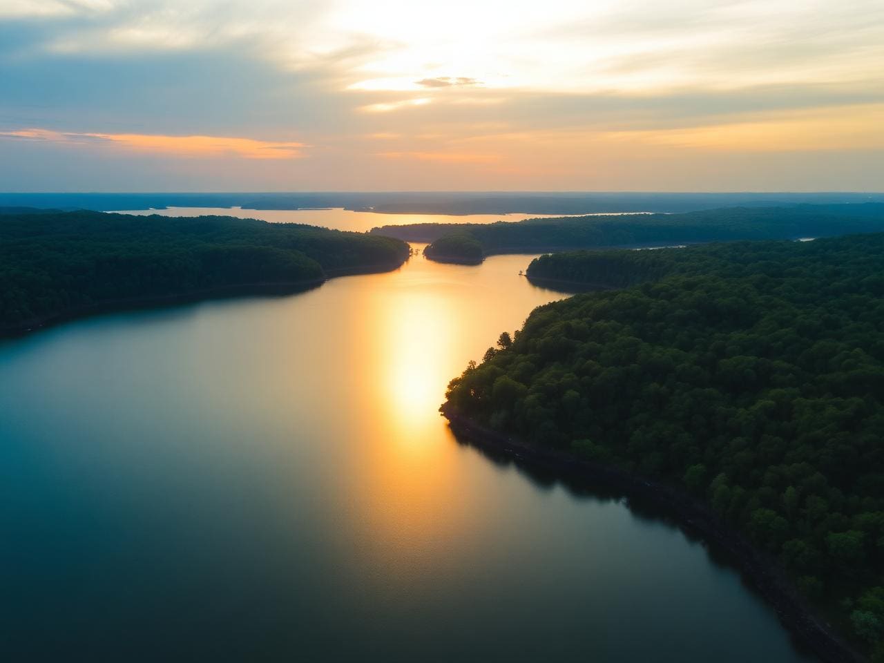 Sunset over Lake Cumberland, Kentucky — bluegrass hills, marina docks, and open water